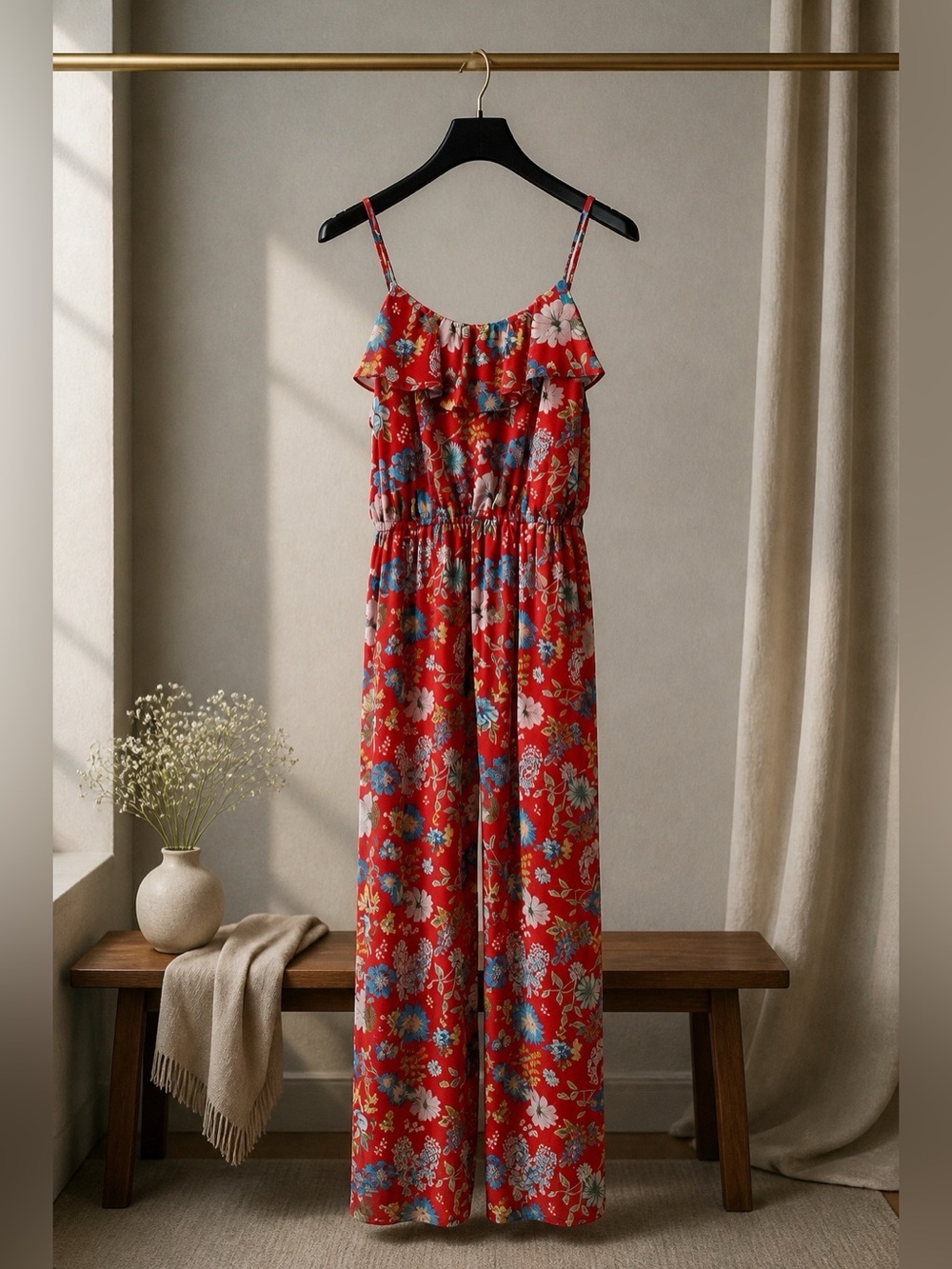 Red with Flowers Maxi Dress with Spaghetti Straps